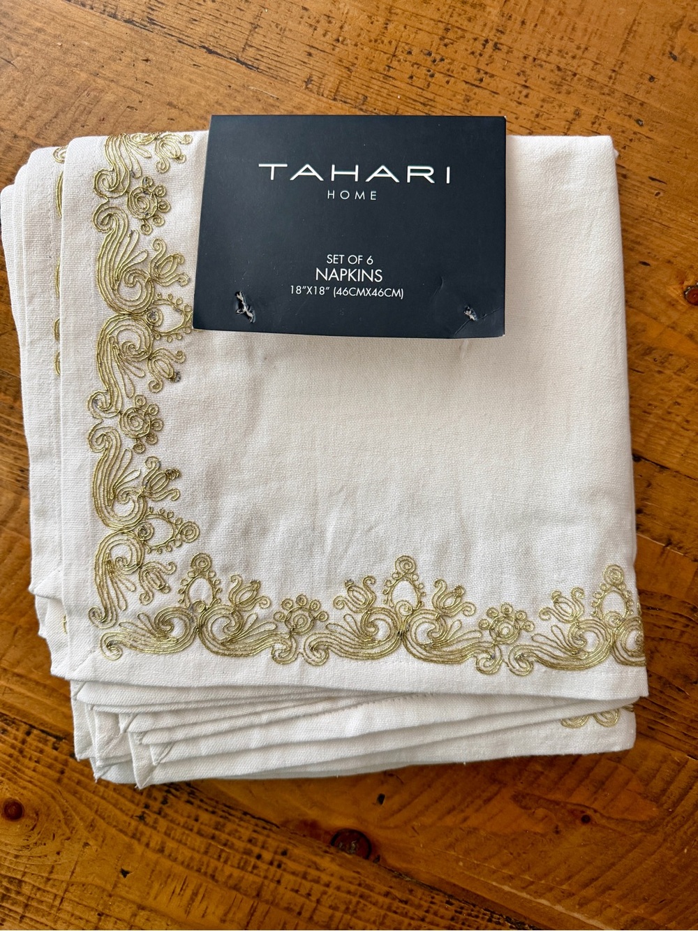 Off White Napkin Set with Gold Scroll Embroidery - 6 Pack